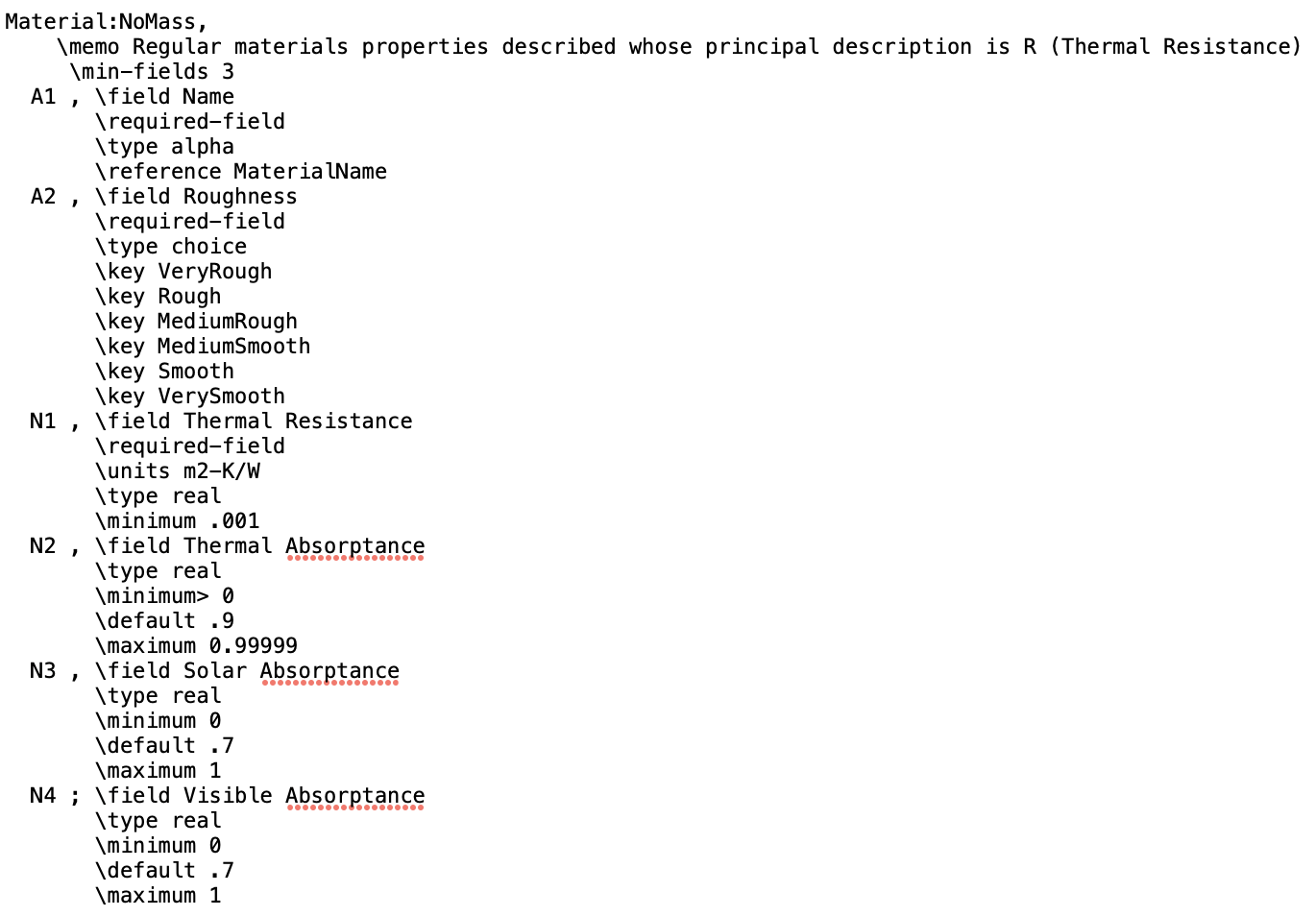 Screen capture of the definition of the Material:NoMass class from the EnergyPlus IDD file (`Energy+.idd`)